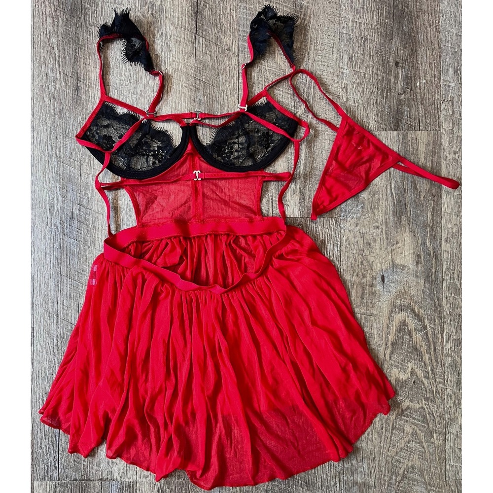 Red and black strappy 2 pc lingerie teddy mesh lace babydoll sexy size S/M - Picture 4 of 7